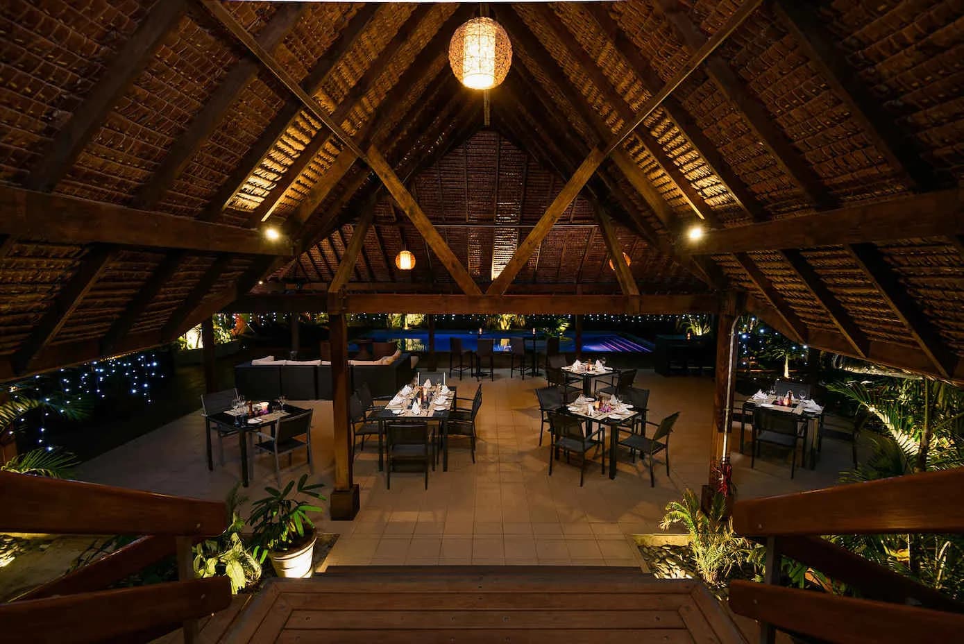 A dimly lit restaurant at The Espiritu Vanuatu. A dimly lit restaurant at The Espiritu Vanuatu.