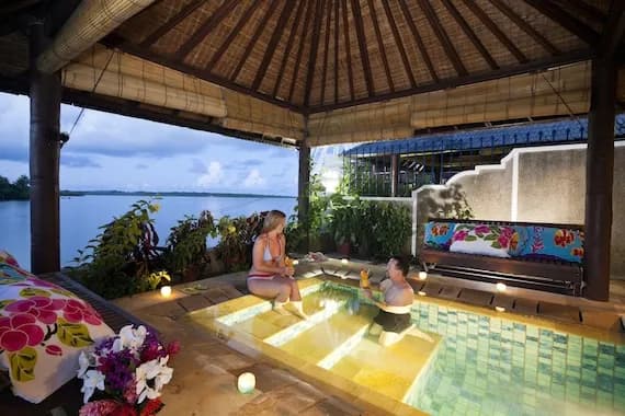 People enjoy a plunge pool at Manta Ray Bay Resort in Yap, Micronesia. People enjoy a plunge pool at Manta Ray Bay Resort in Yap, Micronesia.
