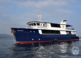 The Raja Ampat Aggressor ship sits in the water