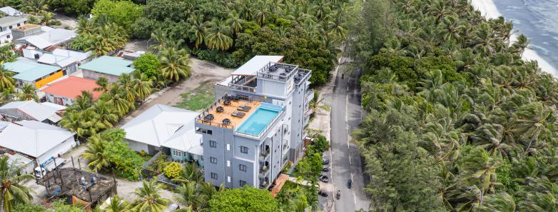 An aerial shot of the AIG Grand Hotel Fuvahmulah