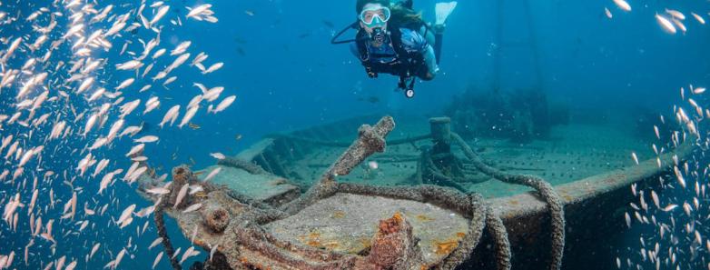 Divers investigates a wreck in La Paz