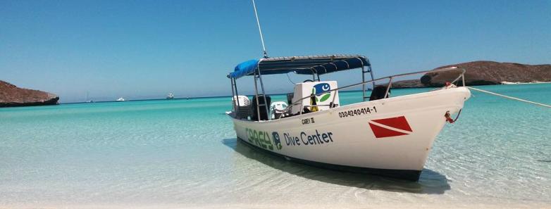 Buceo Carey dive boat banked on the sand