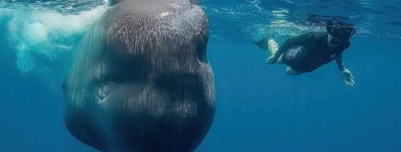 A snorkeler swims near a sperm whale