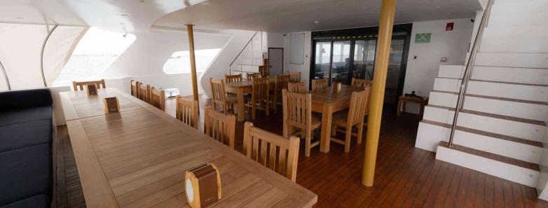 Shaded dining area with tables and chairs