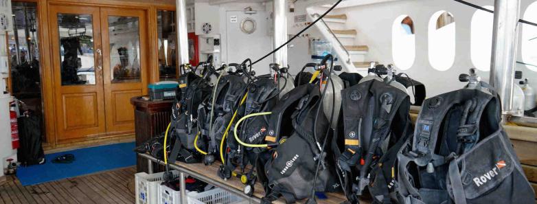 BCDs lined up on the dive deck