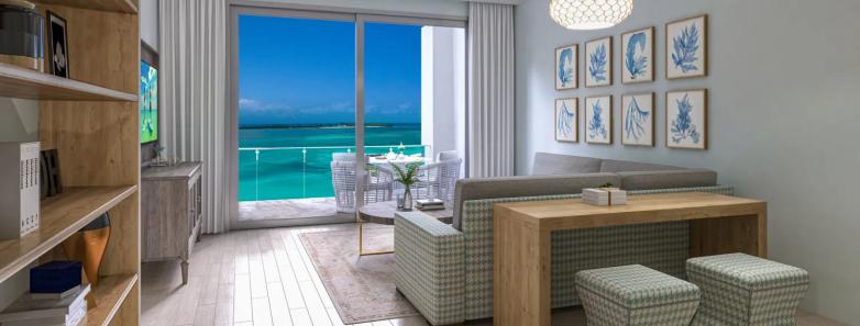 The penthouse suite living room overlooking the beach