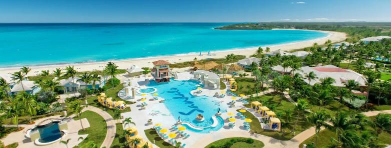 Aerial view of the resort accommodations and pool