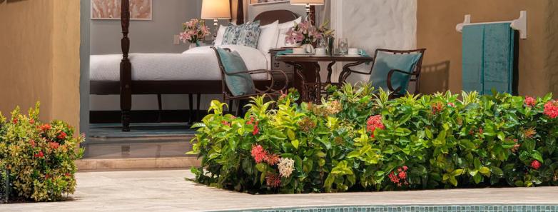 Terrace with chairs and table leading to the pool of the Walkout Suite