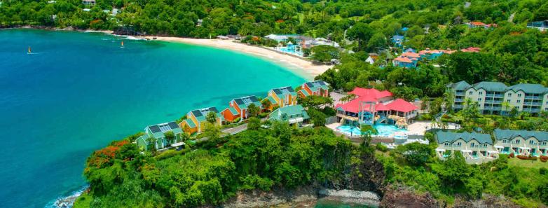 An aerial view of the resort's villas