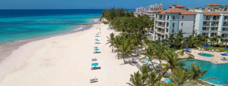 Aerial shot of the Sandals Royal Barbados and its white sand beach