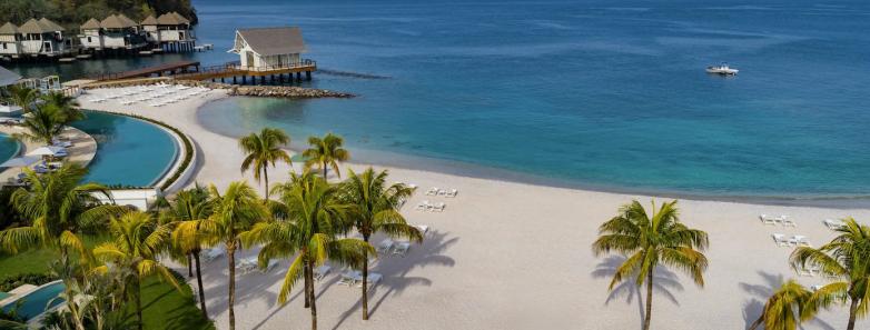 The resort's beachfront with palm trees and sun loungers