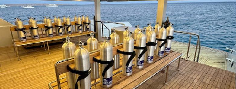 Scuba tanks neatly lined up on the dive deck