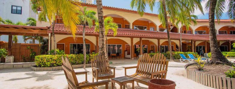 Shaded sitting areas around the hotel for guests