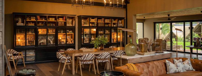 Salon and dining area inside the lodge